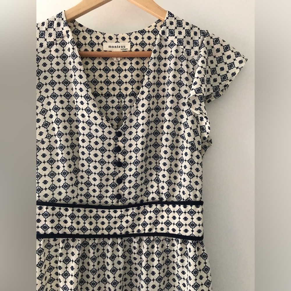 MONTEAU LOS ANGELES Short Sleeve Button Up Flowy Navy Ivory Short Dress Size L